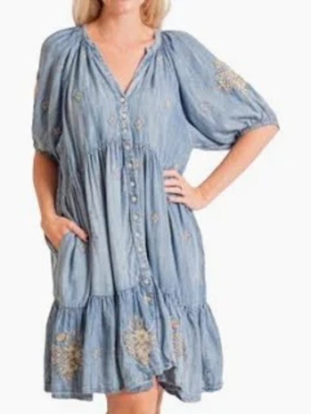 NWT Kyla Seo Coastal Cowgirl Chambray Dress Embroidered Tiered Women Small